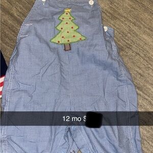 Blue Gingham Overalls with Christmas Tree Embroidery